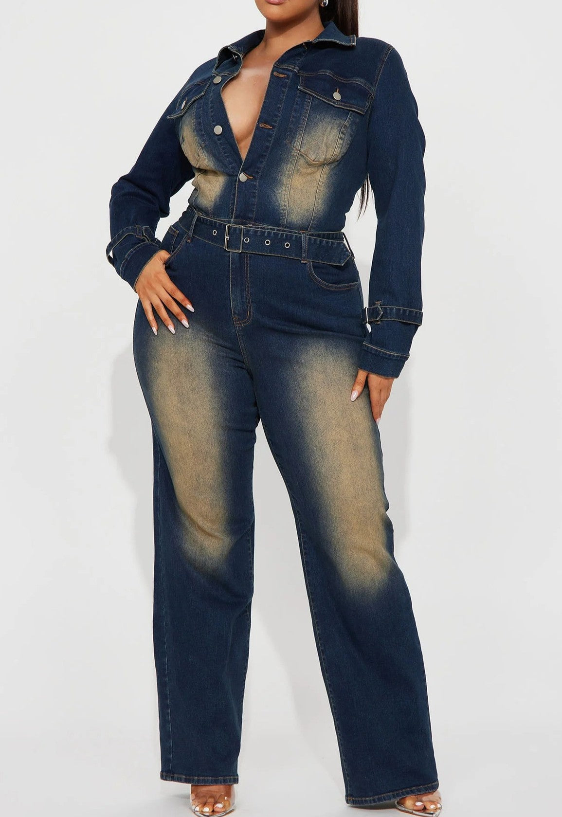 Western Washed Denim Belted Jumpsuit - Dark-Blue