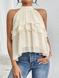 Halter Neck Tiered Ruffle Chiffon Tank Top - Apricot