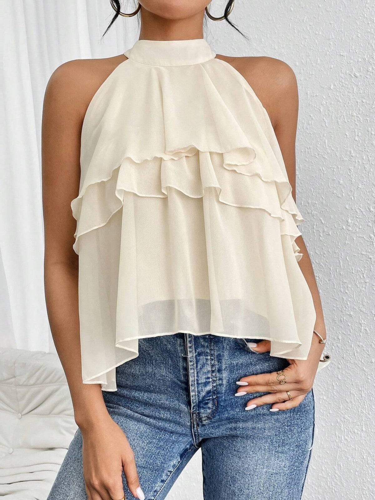Halter Neck Tiered Ruffle Chiffon Tank Top - Apricot