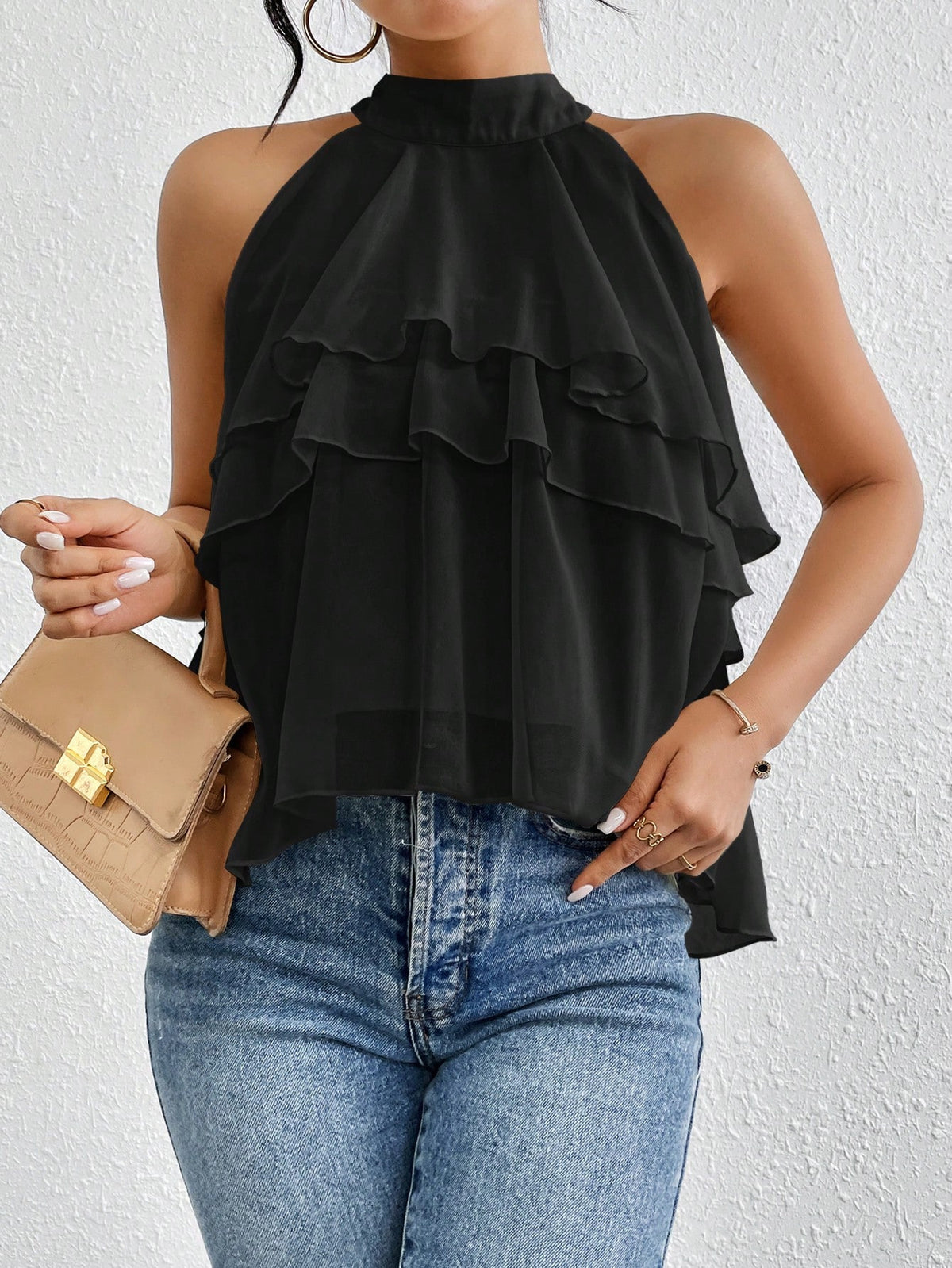 Halter Neck Tiered Ruffle Chiffon Tank Top - Black