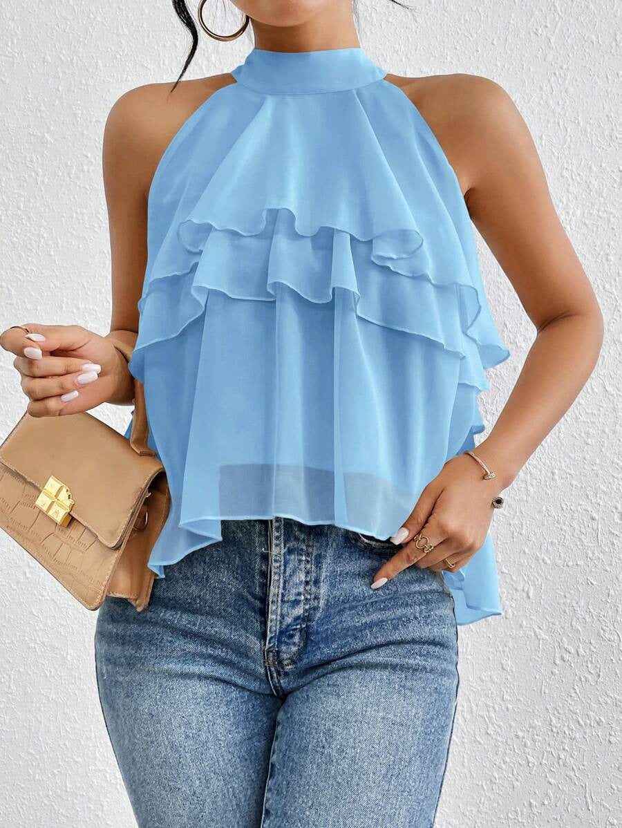 Halter Neck Tiered Ruffle Chiffon Tank Top - Blue