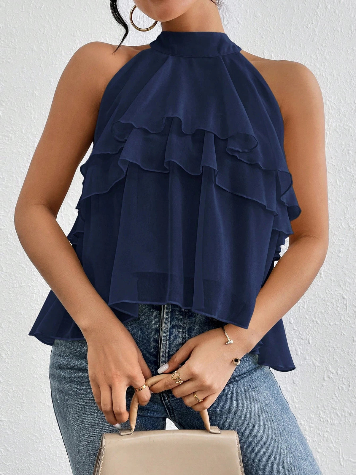 Halter Neck Tiered Ruffle Chiffon Tank Top - Navyblue