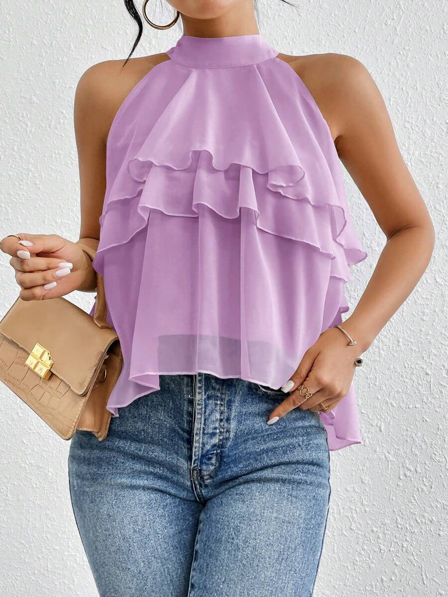 Halter Neck Tiered Ruffle Chiffon Tank Top - Purple