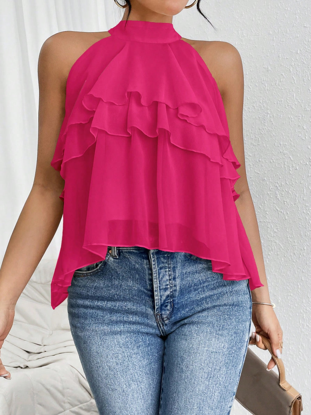 Halter Neck Tiered Ruffle Chiffon Tank Top - Rosered