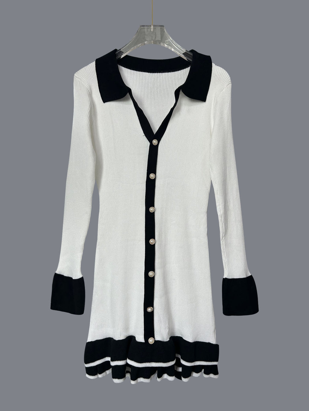 Contrast Trim Button Front Knit Mini Dress - White