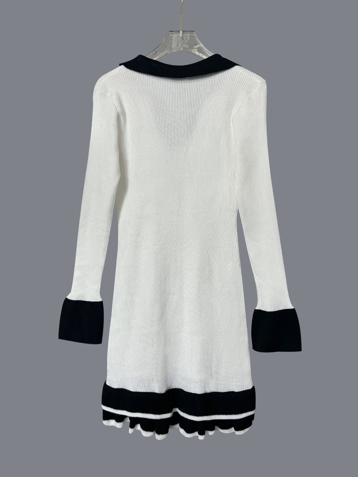 Contrast Trim Button Front Knit Mini Dress - White - 1