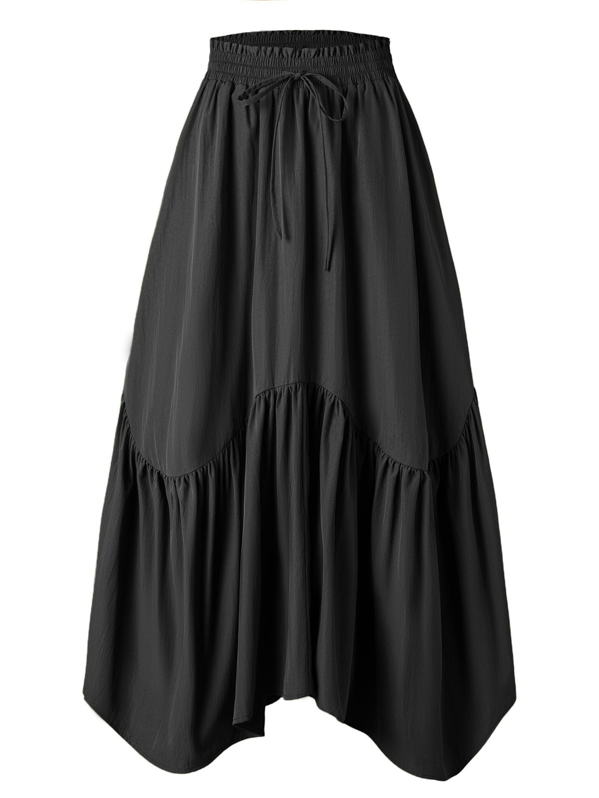 Asymmetric Tiered Drawstring Maxi Skirt - Black