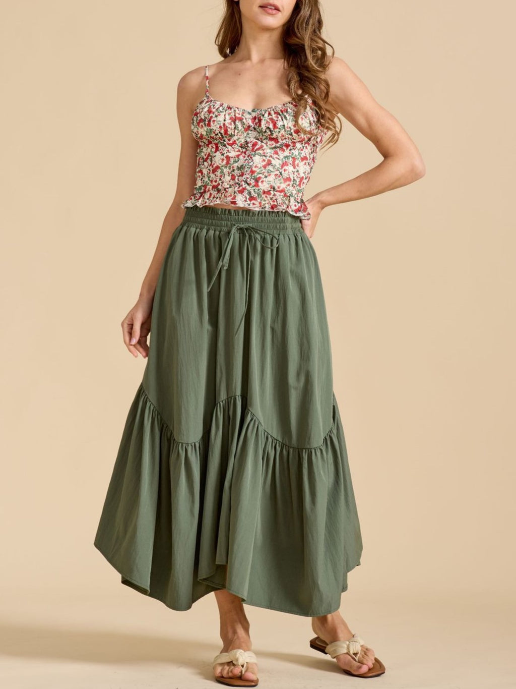 Asymmetric Tiered Drawstring Maxi Skirt - Green - 4