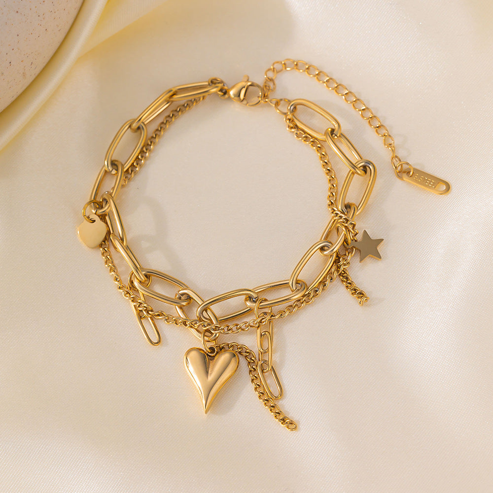 Layered Paperclip Bracelet With Heart Charm - Gold