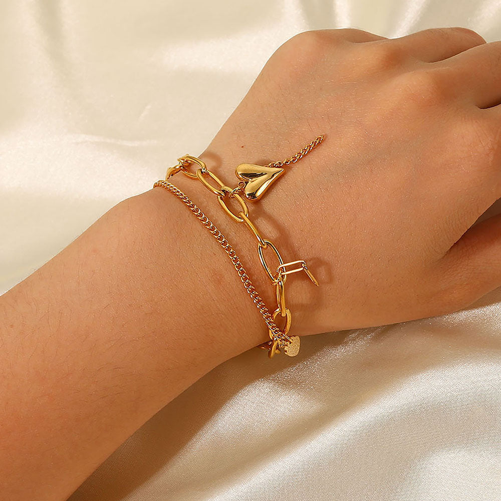 Layered Paperclip Bracelet With Heart Charm - Gold - 1