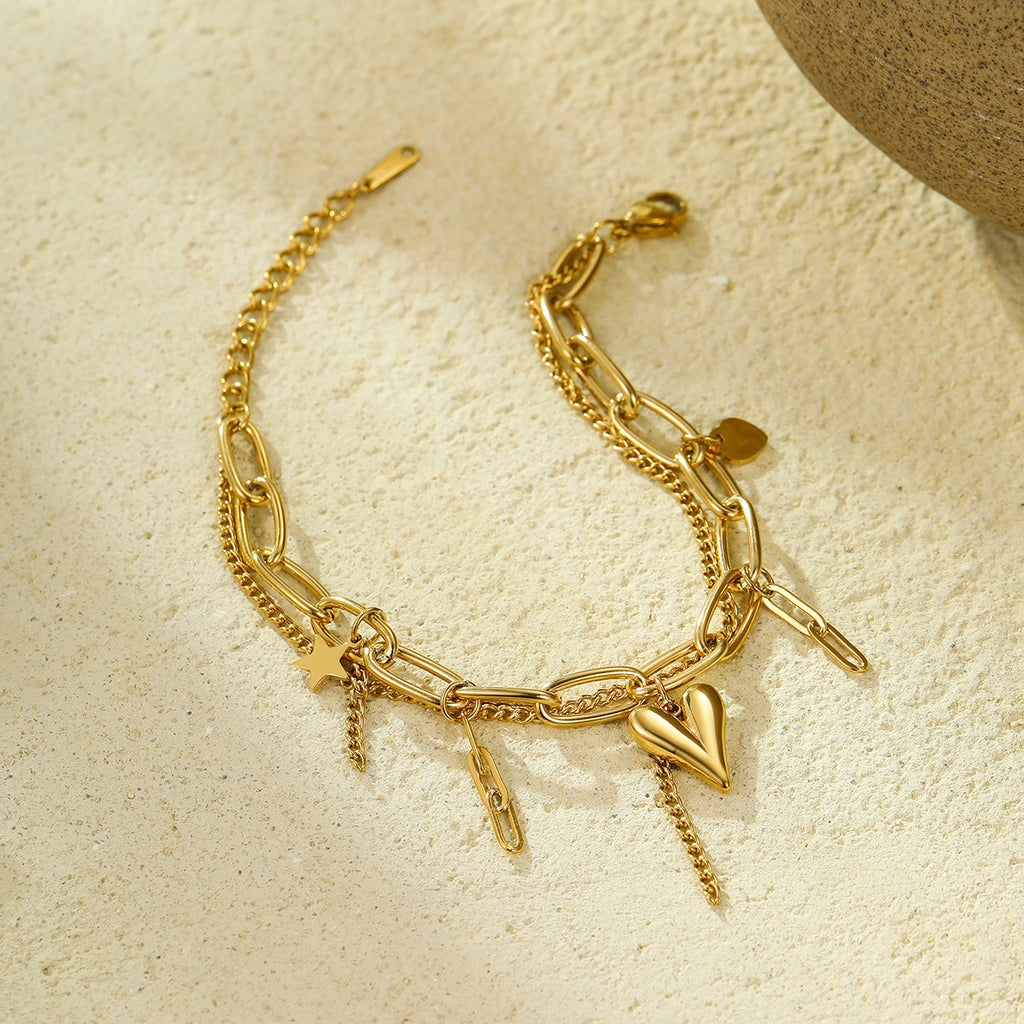 Layered Paperclip Bracelet With Heart Charm - Gold - 2