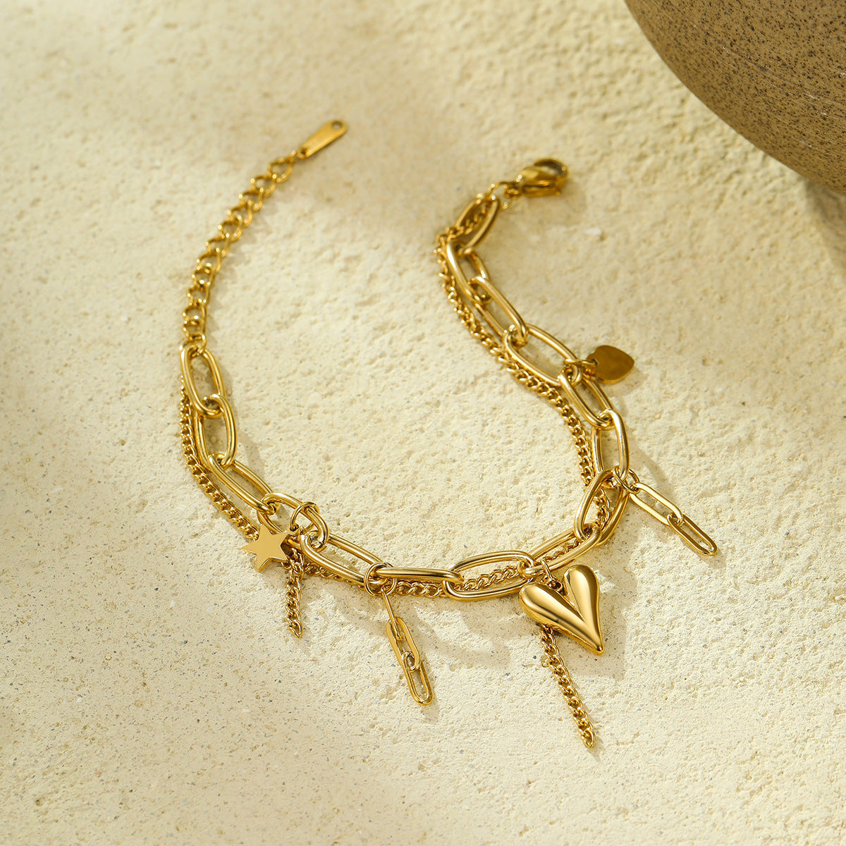 Layered Paperclip Bracelet With Heart Charm - Gold - 2