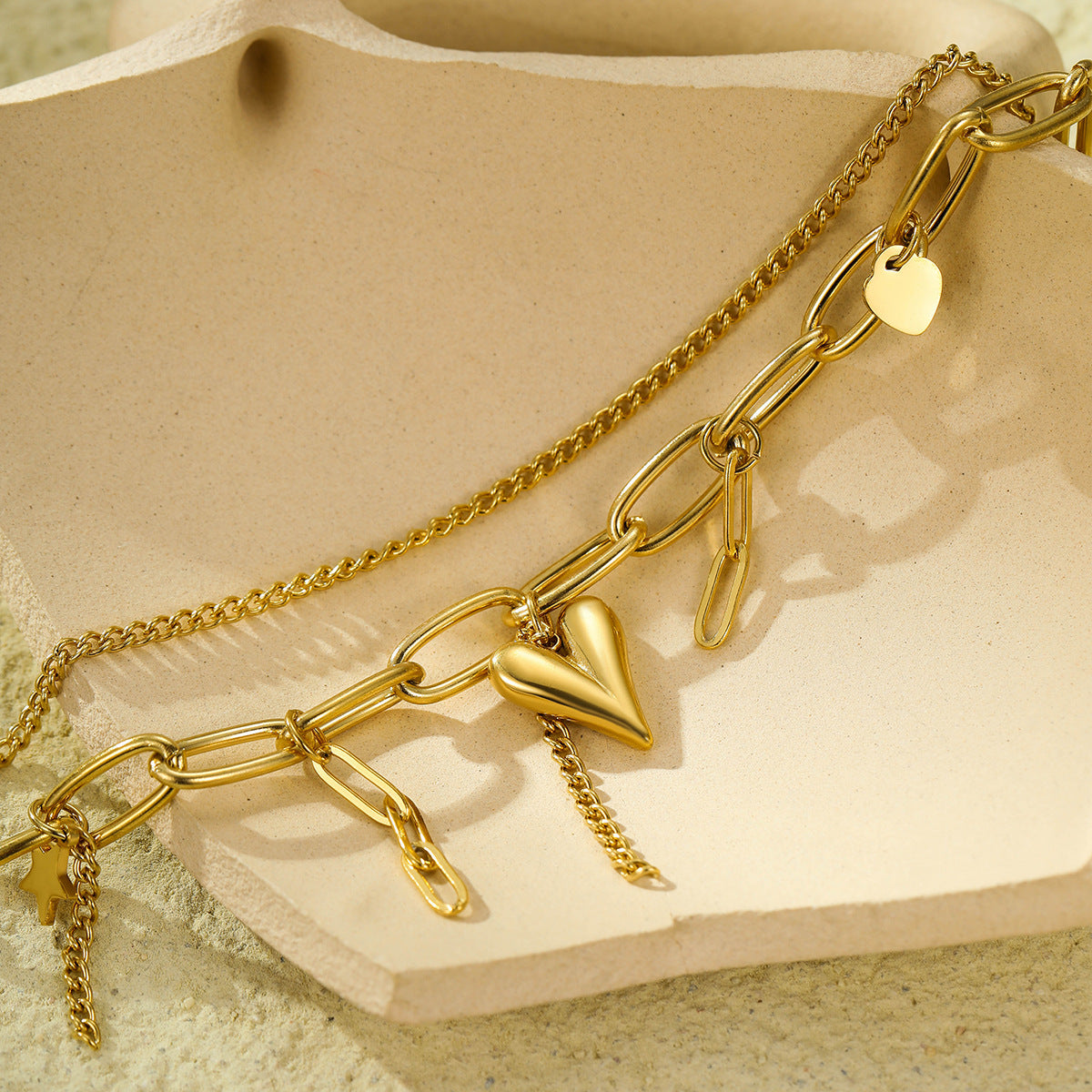 Layered Paperclip Bracelet With Heart Charm - Gold - 3