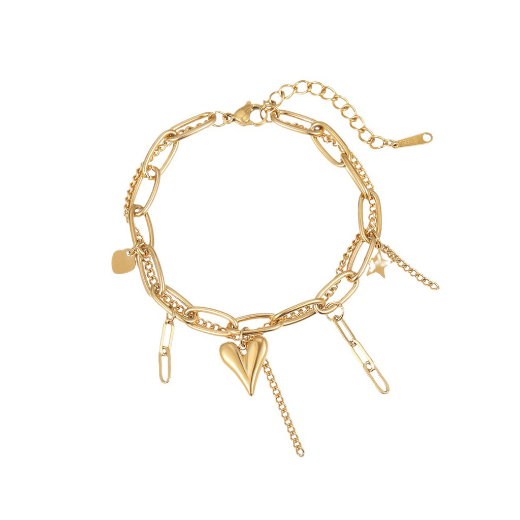 Layered Paperclip Bracelet With Heart Charm - Gold - 4