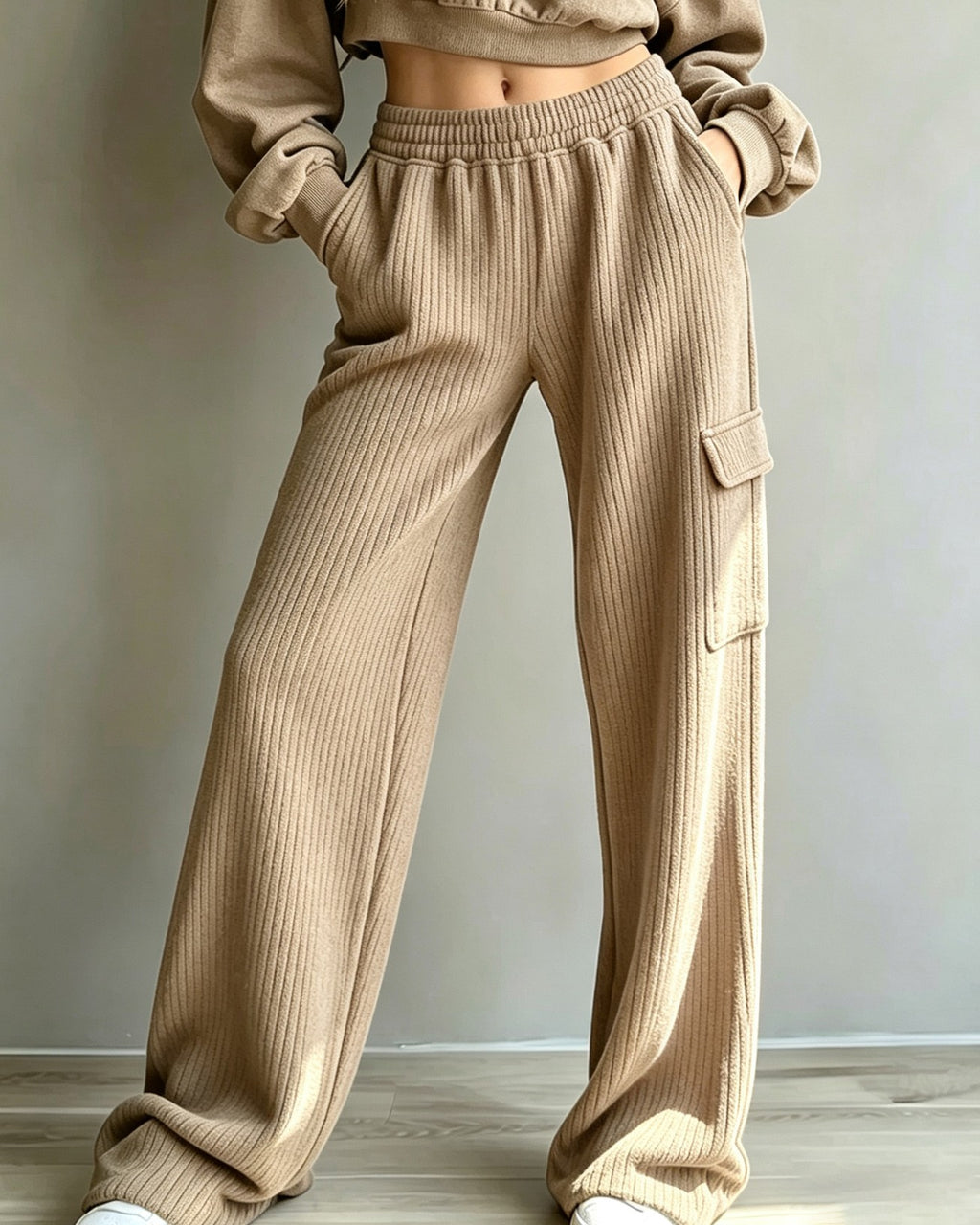 Ribbed Knit Cargo Pocket Elastic Waist Wide Leg Pants - Coffee