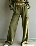Ribbed Knit Cargo Pocket Elastic Waist Wide Leg Pants - Green