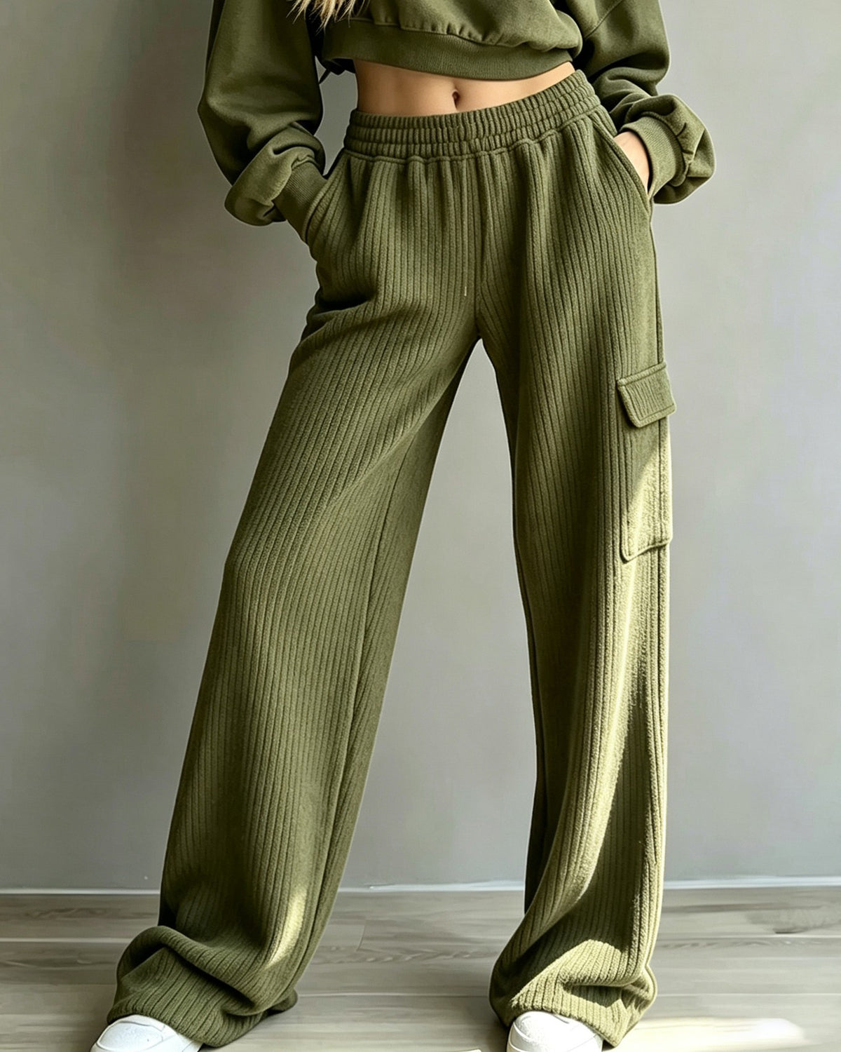 Ribbed Knit Cargo Pocket Elastic Waist Wide Leg Pants - Green