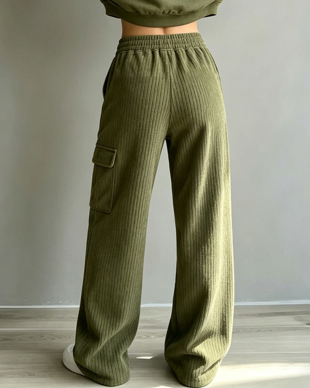Ribbed Knit Cargo Pocket Elastic Waist Wide Leg Pants - Green - 1