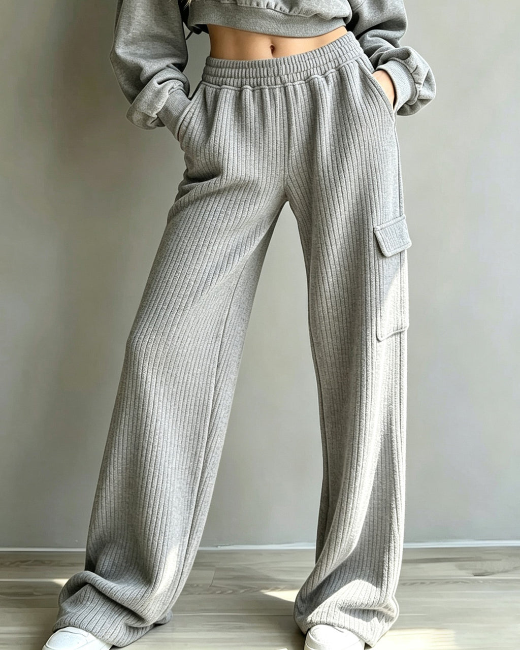 Ribbed Knit Cargo Pocket Elastic Waist Wide Leg Pants - Grey