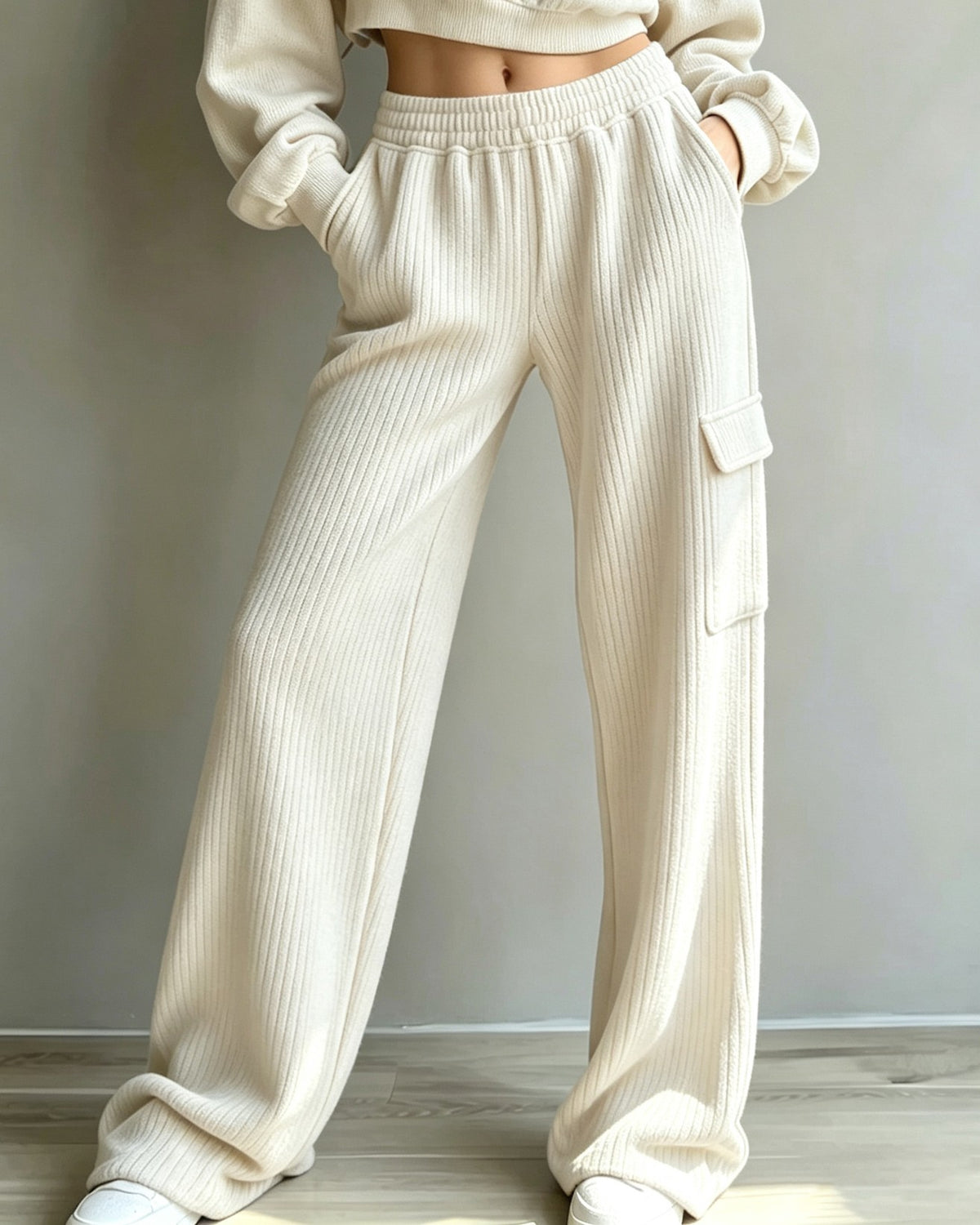 Ribbed Knit Cargo Pocket Elastic Waist Wide Leg Pants - White
