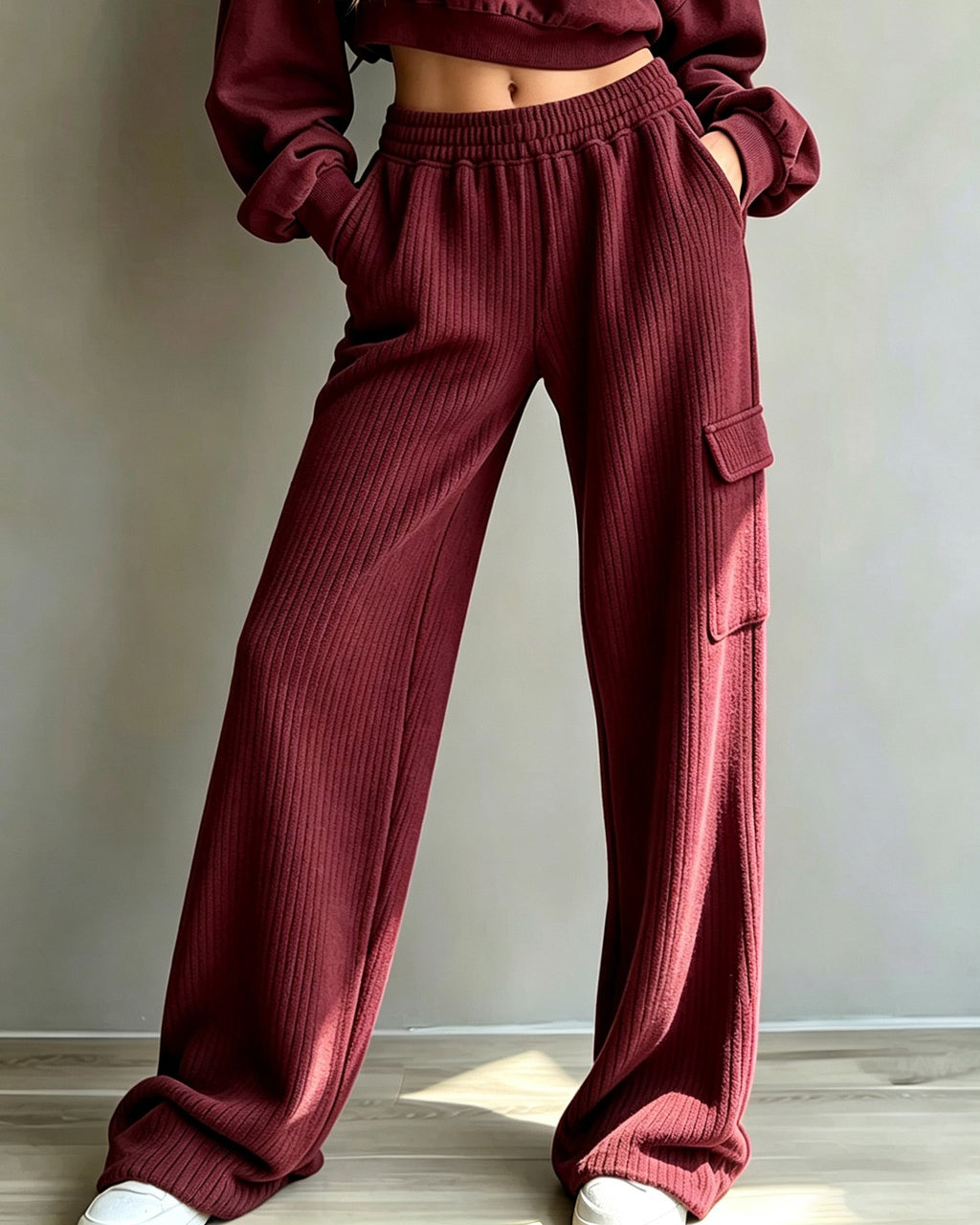 Ribbed Knit Cargo Pocket Elastic Waist Wide Leg Pants - Wine_Red