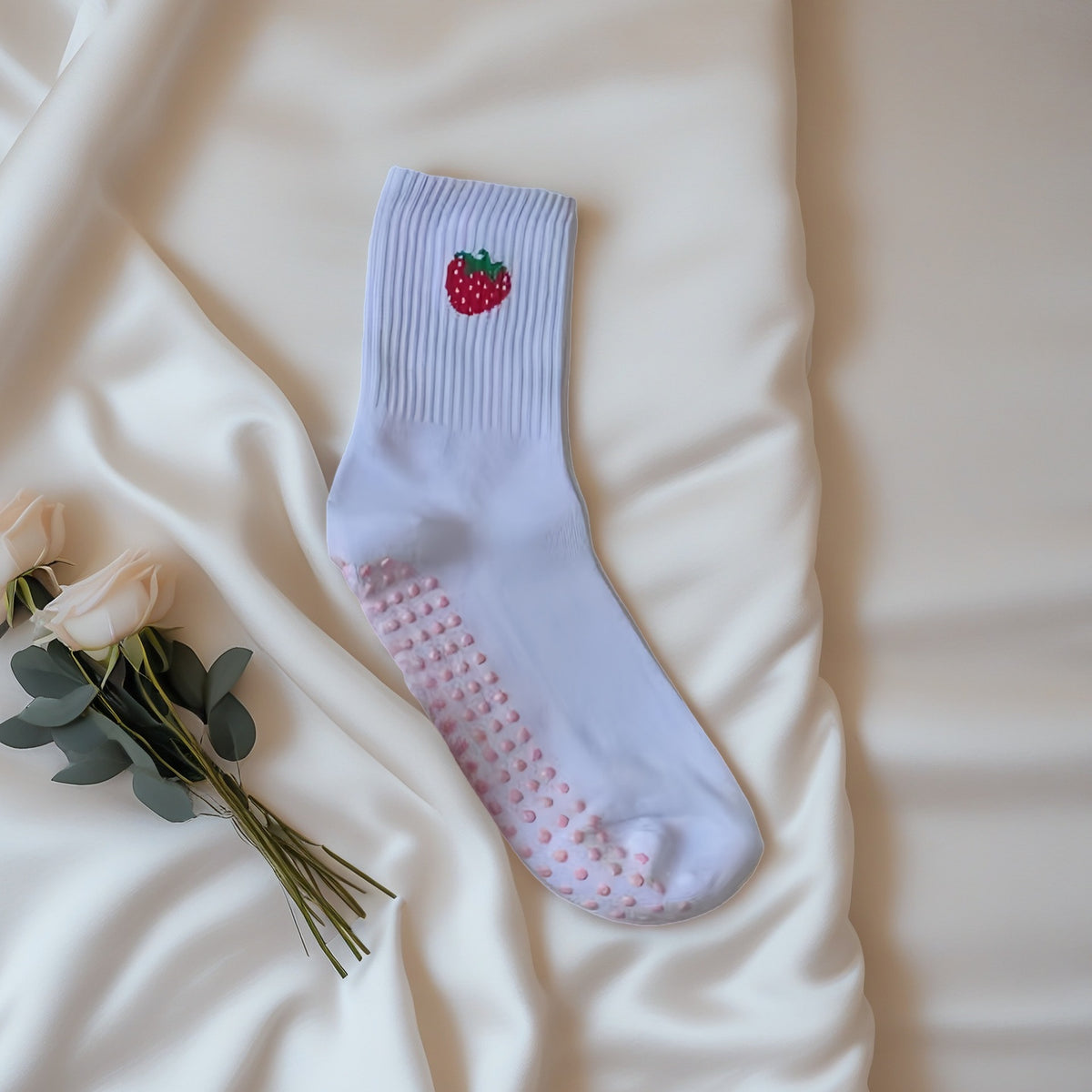 Fruit Embroidered Grip Crew Socks - Strawberry