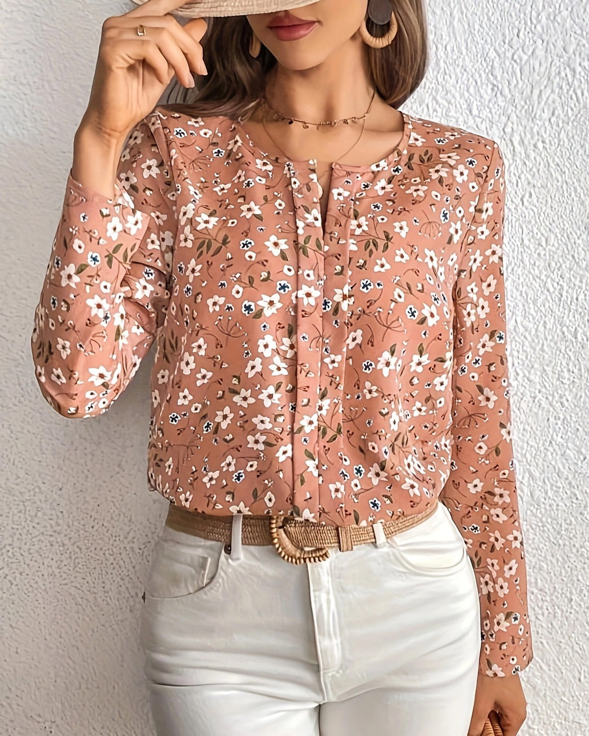 Vintage Floral Half-Placket Long Sleeve Blouse - Decor