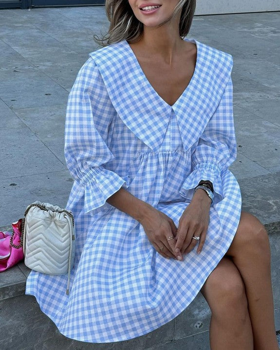 Gingham Puff Sleeve Babydoll Mini Dress - Blue