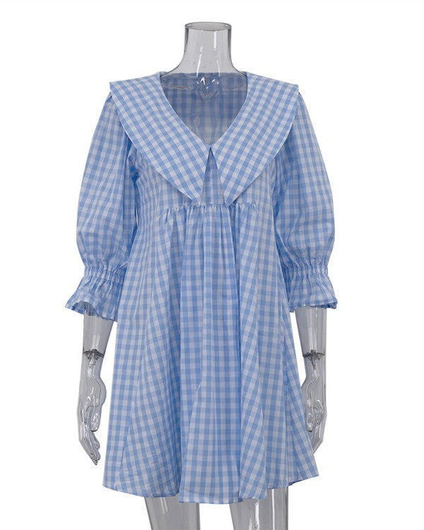 Gingham Puff Sleeve Babydoll Mini Dress - Blue - 1