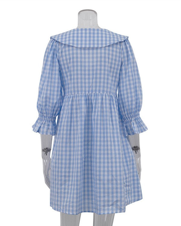 Gingham Puff Sleeve Babydoll Mini Dress - Blue - 2