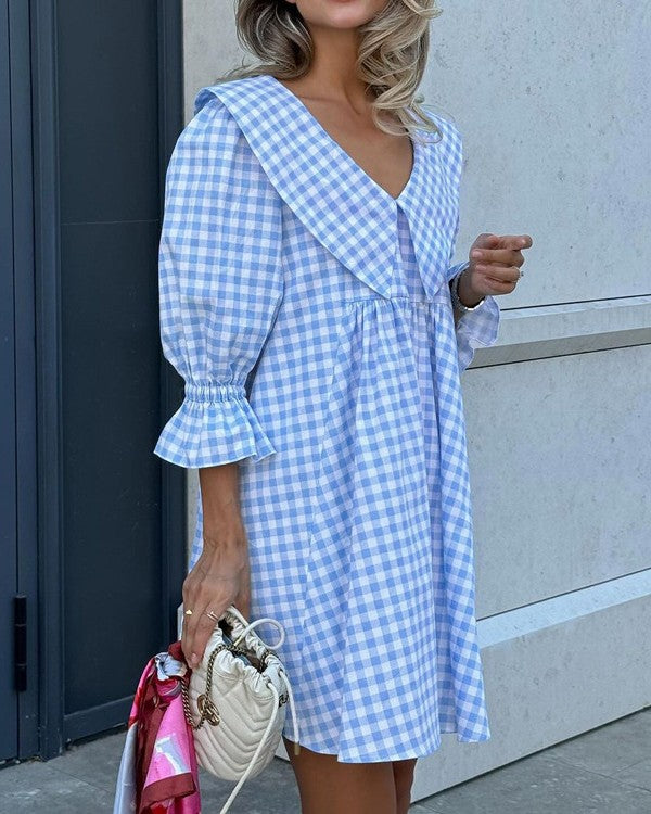 Gingham Puff Sleeve Babydoll Mini Dress - Blue - 3