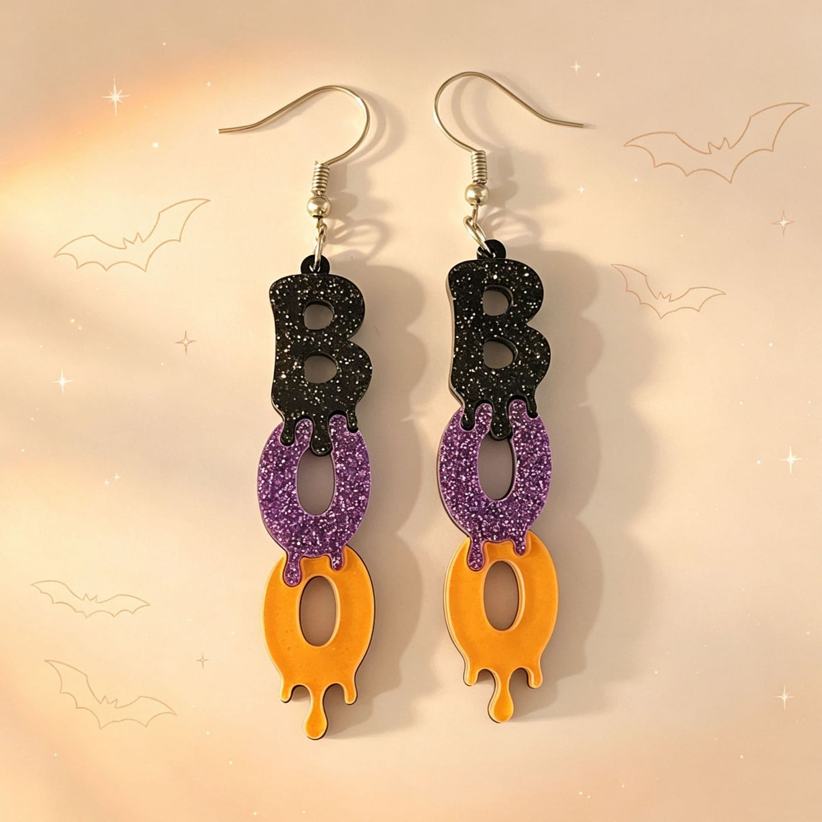 Spooky Boo Letter Glitter Dangle Earrings - Black