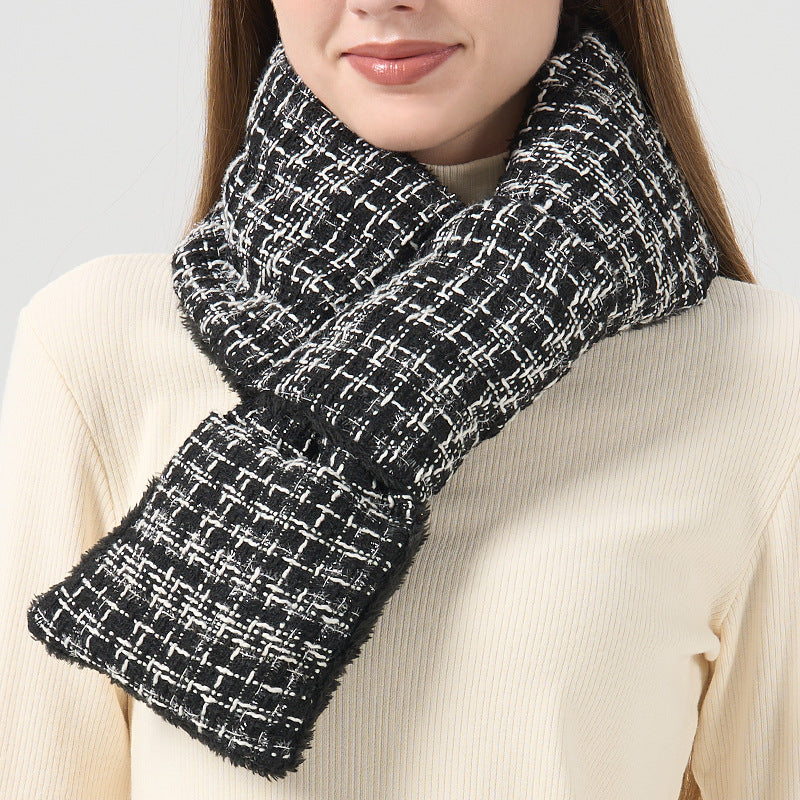 Tweed Check Padded Winter Scarf - Black