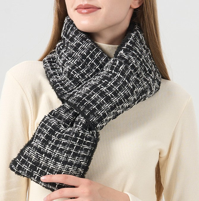 Tweed Check Padded Winter Scarf - Black - 1