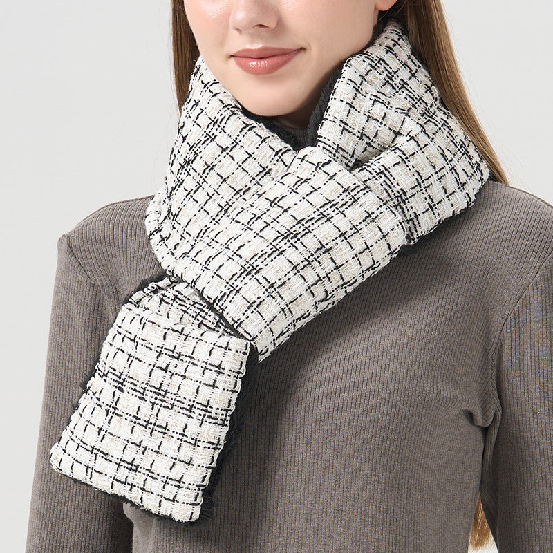 Tweed Check Padded Winter Scarf - White - 1