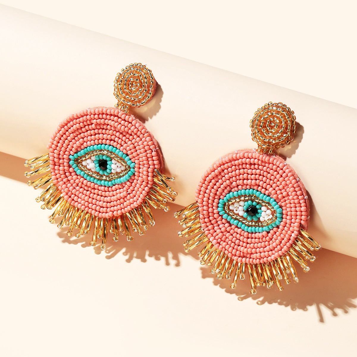 Beaded Evil Eye Tassel Earrings - Pink