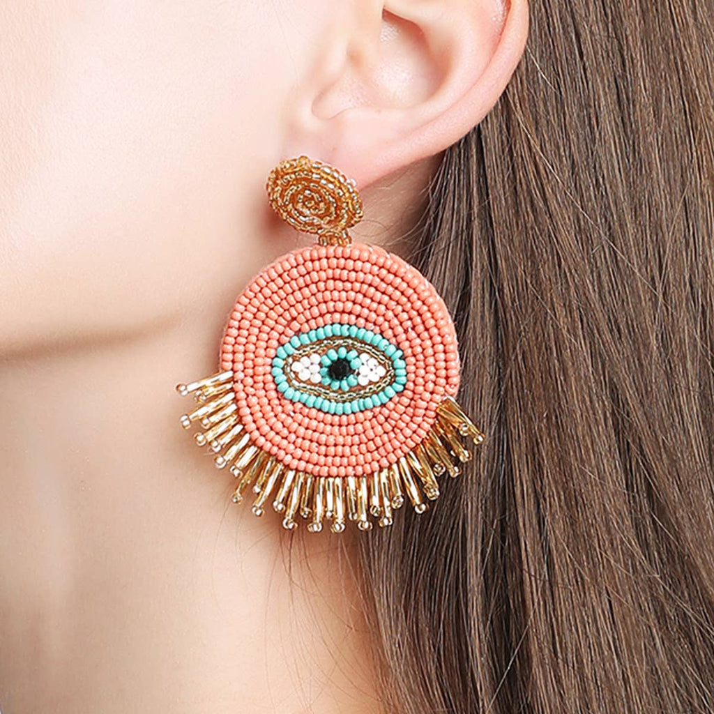 Beaded Evil Eye Tassel Earrings