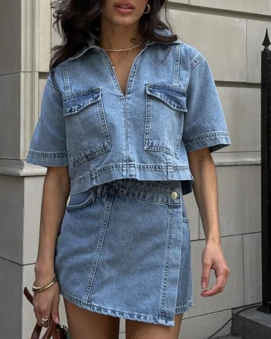 Collared Denim Crop Top and Wrap Skirt Set - Black