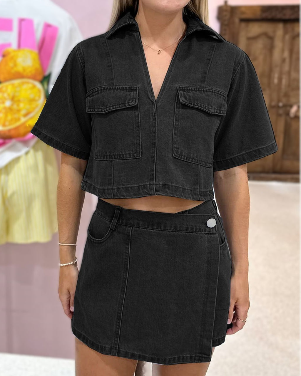 Collared Denim Crop Top and Wrap Skirt Set - Black - 1