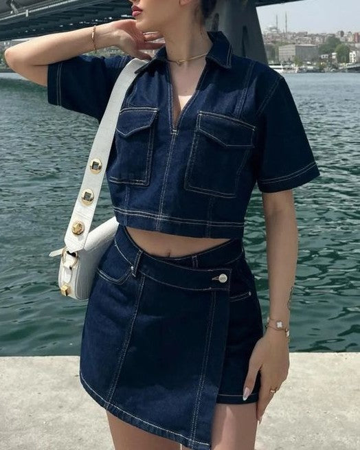 Collared Denim Crop Top and Wrap Skirt Set - Dark-Blue