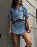 Collared Denim Crop Top and Wrap Skirt Set - Light-Blue