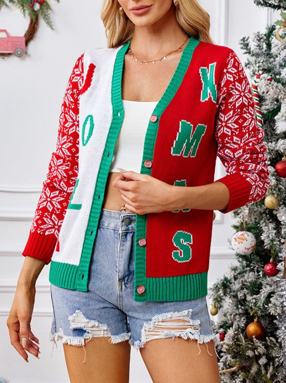 Snowflake Sleeve Letter Jacquard Christmas Cardigan - Red - 1