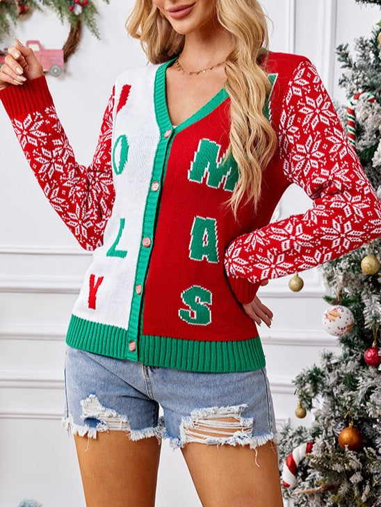 Snowflake Sleeve Letter Jacquard Christmas Cardigan - Red - 2
