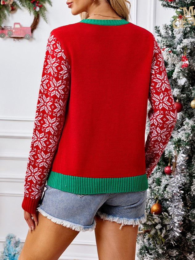 Snowflake Sleeve Letter Jacquard Christmas Cardigan - Red - 3