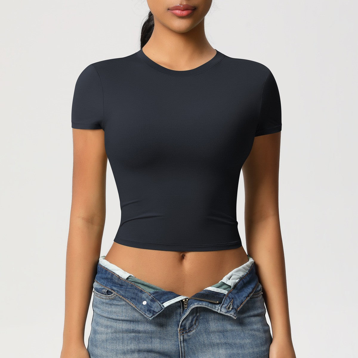 Cropped Fitted Double Knit Workout Baby Tee - Black