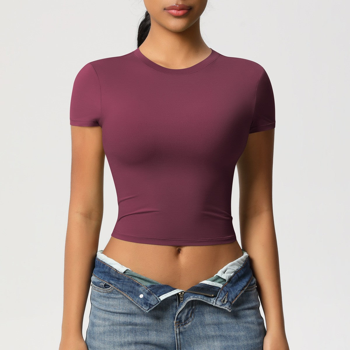 Cropped Fitted Double Knit Workout Baby Tee - Burgundy