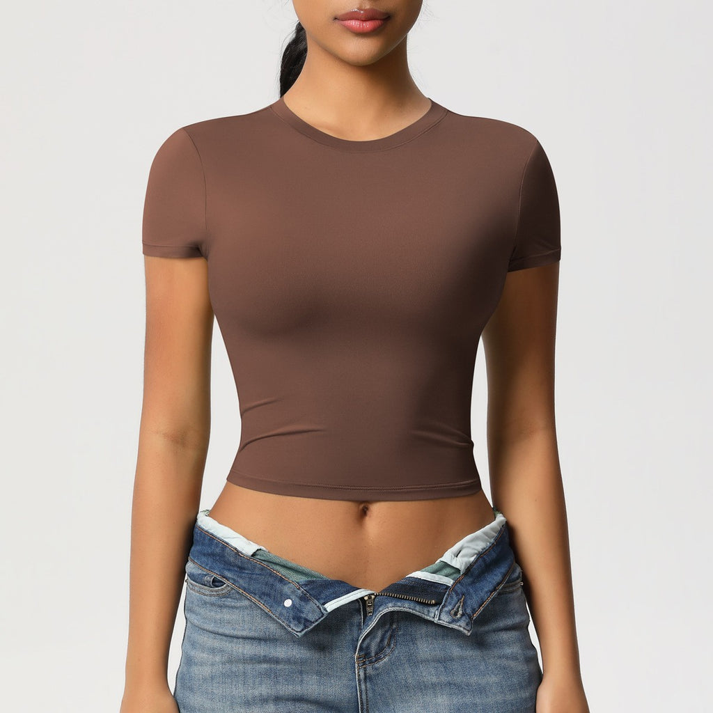 Cropped Fitted Double Knit Workout Baby Tee - Chestnut