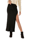 Drawstring Waist High Split Maxi Skirt - Black