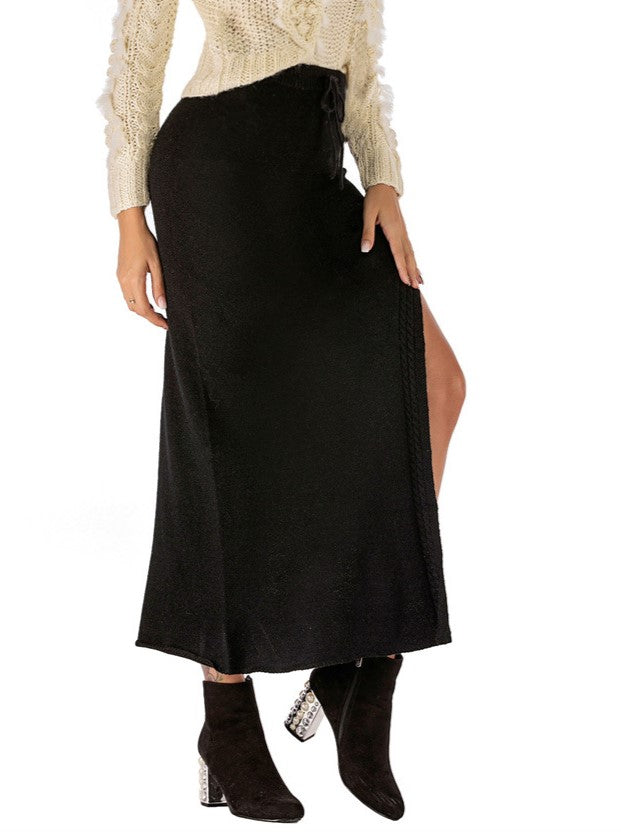 Drawstring Waist High Split Maxi Skirt - Black - 1