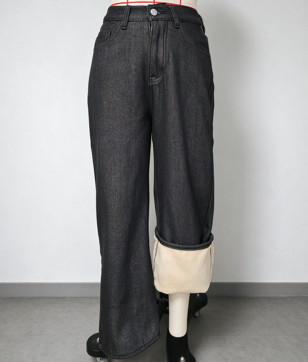 Fleece Lined Elastic Back High Waist Wide Leg Jeans - Black